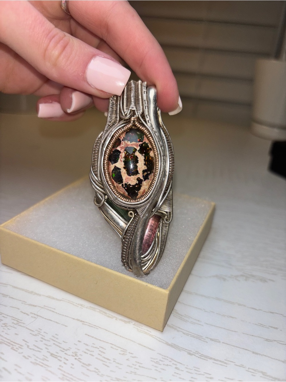 Handcrafted Silver and Brass Wire-Wrapped Opal Pendant - Multicolor